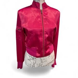 Y2K Piper & Blue Hot Pink Satin Bomber Jacket Size M Streetwear Barbiecore